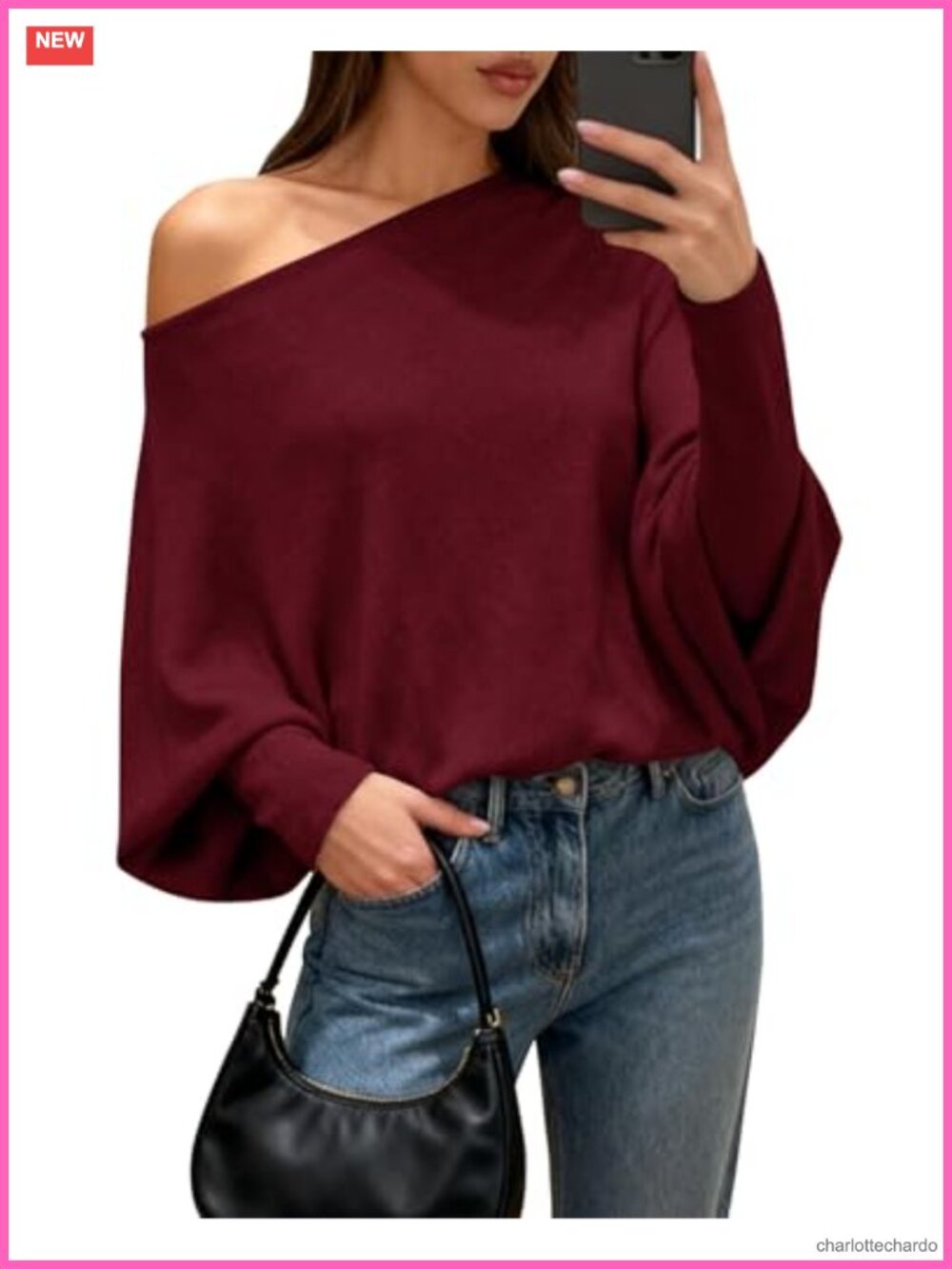 Off The Shoulder Knit Oversized Sweater Long Sleeve Batwing Pullover